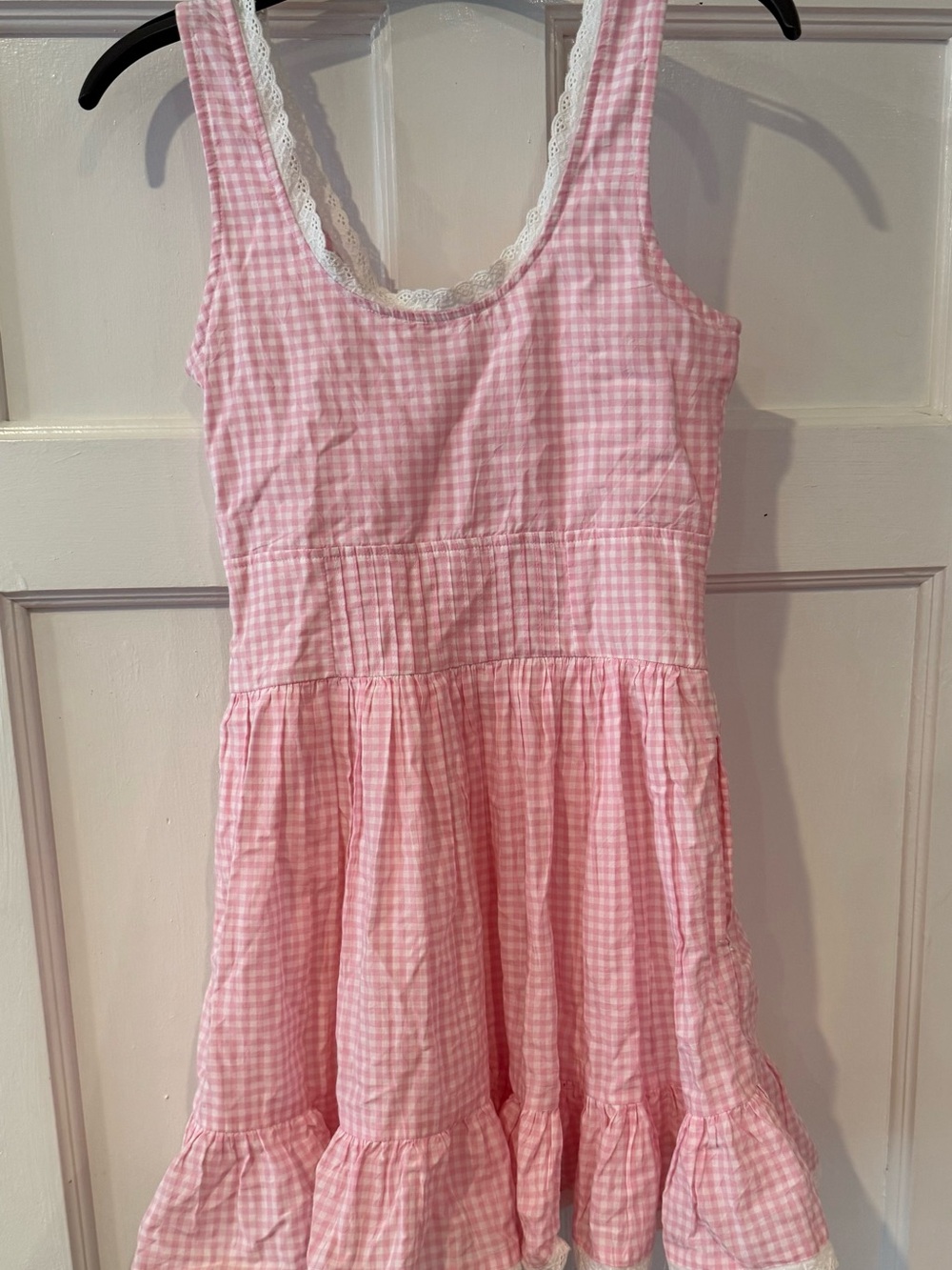 LoveShackFancy Pink Gingham Sleeveless Dress with Lace Trim